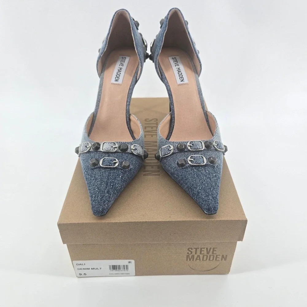 Steve Madden Size 9.5 Dalidal Denim Studded Buckle Pointed Toe Heels, New in Box - Picture 3 of 8